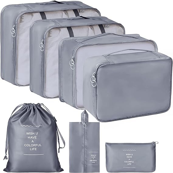 Topinon 7 Set Packing Cubes for Suitcases Travel Essentials Luggage Organizer for Travel Accessories, Shoe Bag, Toiletry Bag, Laundry Bag, Travel Foldable And Lightweight (Light Blue) (Grey)-image-37