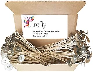 Firefly 6-Inch Cotton Candle Wicks - Large Pre-Waxed, Natural, Ultra-Rigid for Container Candles, Made in USA, 100 Pack