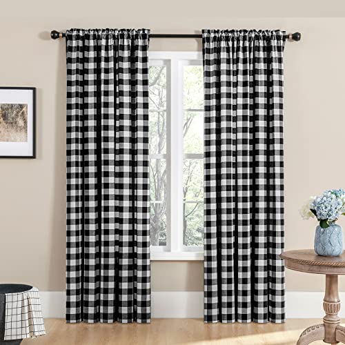 Melodieux Buffalo Check Plaid Curtains For Living Room, Bedroom Farmhouse Gingham Style Cotton Texture Rod Pocket Semi Curtain Drapes, Black, 52 X 84 Inch(2 Panels) #TOP14