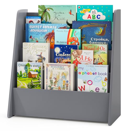 COSTWAY Kids Bookshelf, 4 Tier Children Bookcase with Deep Compartments, Front-Facing Books Display Rack for Playroom, Daycare, Kid’ Room (Grey)