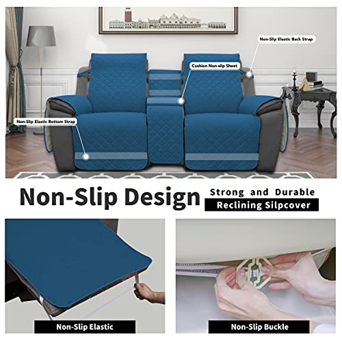 Image of Easy-Going Loveseat Recliner Cover with Console, Reversible Couch Cover for Living Room, Split Sofa Cover for Each Seat with Elastic Straps for Kids, Dogs, Pets(2 Seater, Peacock Blue /Beige)