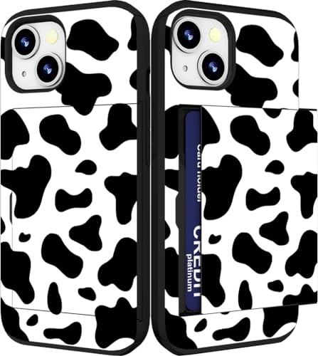 Coque mignonne iPhone 14 étui portefeuille fin motif vache noire et blanche