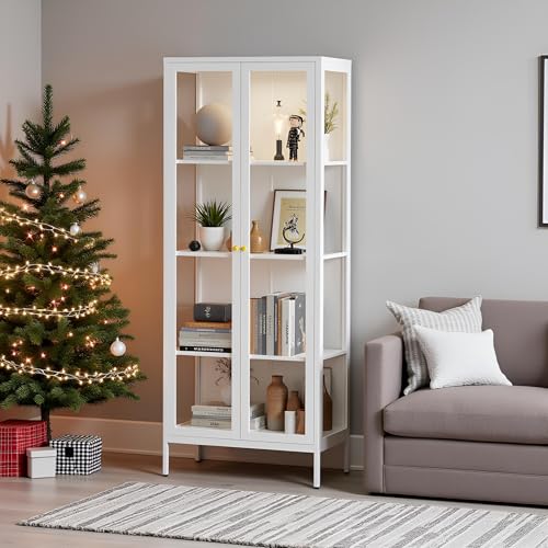 TIMELESS PIECES Vitrine mit Glastüren,Glasvitrine Stehend Vitrinenschrank mit 3 höhenverstellbaren Fachböden, Sammlervitrine Glasschrank für Wohnzimmer Schlafzimmer Wein Büro, Weiß(35x70x168cm)