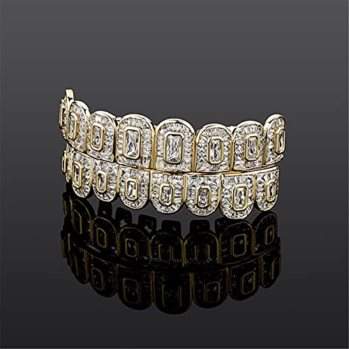 ICEDIAMOND Fantex Iced Out CZ Baguette Diamond Teeth Grillz, 18K Gold Plated Top and Bottom Hip Hop