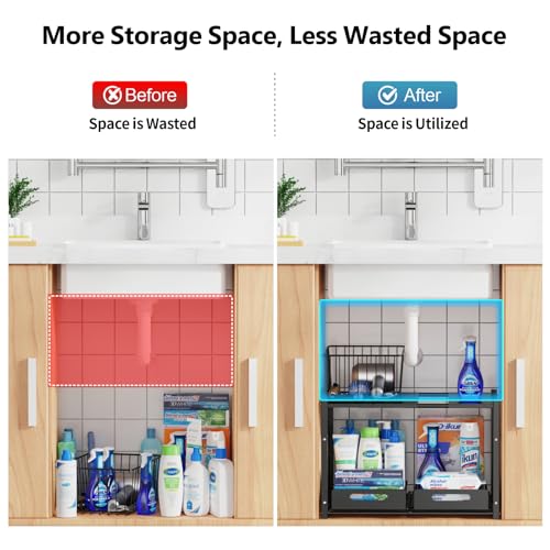 iSPECLE Under Bathroom Sink Organizer - 2 Tier Expandable Under Sink Organizer Add Extra Space and Easy Access, Under Sink Shelf for 22" to 32" Wide Sink Cabinet, Not Include Basket - Image 3