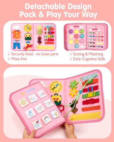 Image of hahaland Busy Board Montessori Toys Busy Book Toddler Girl Gifts Travel Toy | Toddlers Educational Learning Toys with Life Skills, Alphabet, Number, Shape, Color, Weather, Detachable Pages for Car Ride