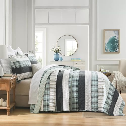 Image of Homzard 100% Cotton Quilts Queen Size Teal White Plaid Farmhouse Plaid Striped Bedspread Set,Lightweight Breathable Comforter Reversible Coverlet All Season 3 Pieces