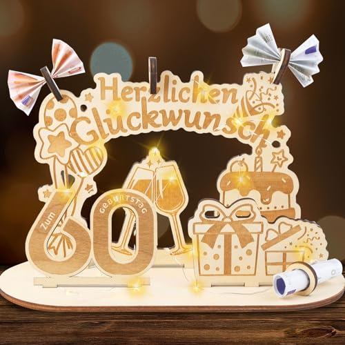 60 Geburtstag Mann Frau, Geldgeschenke Geburtstag Holz mit LED Lichterkette, Holzschild Gästebuch Geschenk zum 60 Hochzeitstag 60 Geburtstag Mann Frau, Geldgeschenke Geburtstag Holz mit LED Lichterkette, Holzschild Gästebuch Geschenk zum 60 Hochzeitstag