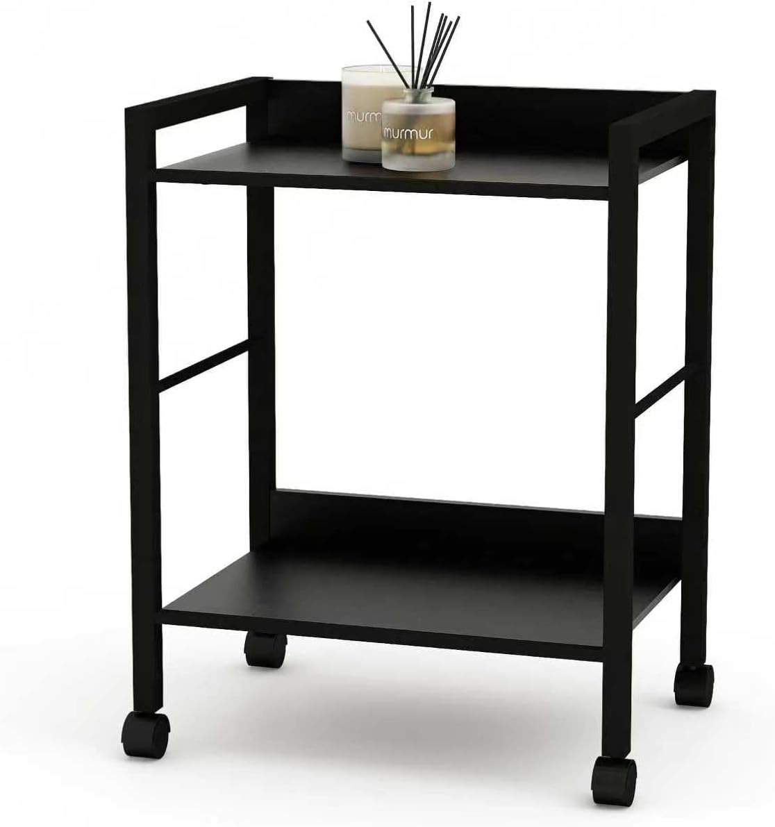 2-Tier Rolling Utility Cart Night Stand Organizer with Brown Wood Shelves and Black Metal Frame, End Side Table Storage Trolley on Wheels for Kitchen Office, Bathroom, Living Room