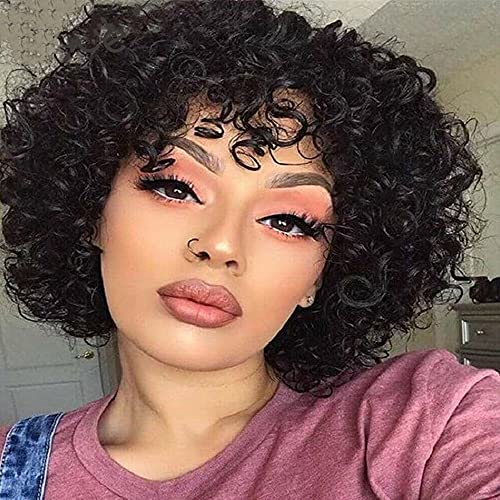 Klaiyi Hair Short Curly Human Hair Wigs Pixie Wigs Lace Front Wigs Brazilian Water Wave Virgin Hair Machine Made Wigs Short Layered Cut Wigs with Bangs For Black Women (8 inch, Natural Black)