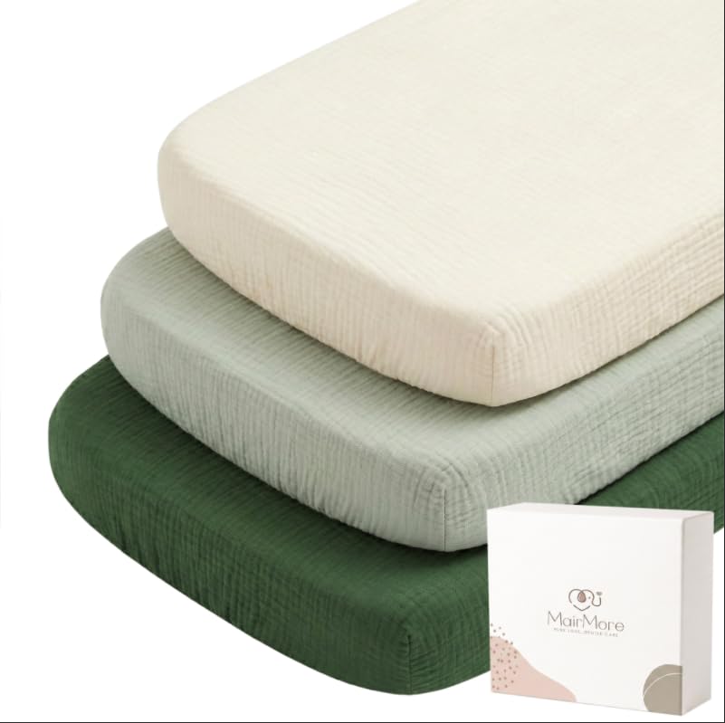 Image of MairMore 3 Pack Muslin Fitted Bassinet Sheets for Babies, Soft & Breathable 100% Cotton Bedside Sleeper Bassinet Sheet, Moses Basket Oval Rectangle Pad /Mattress (Grass Green)
