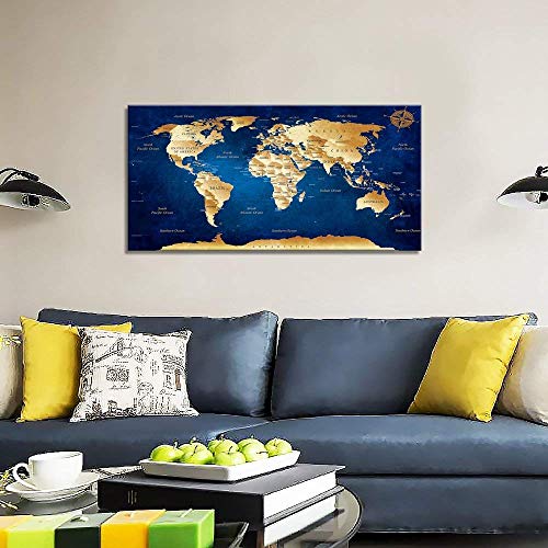Wall Art Blue Map Of The World Painting Ready To Hang -24" X 48" Pieces Large Framed Wall Art World Map Canvas Art Map Wall Decorations Artwork Prints For Background For Home(24Inx48In) #TOP1