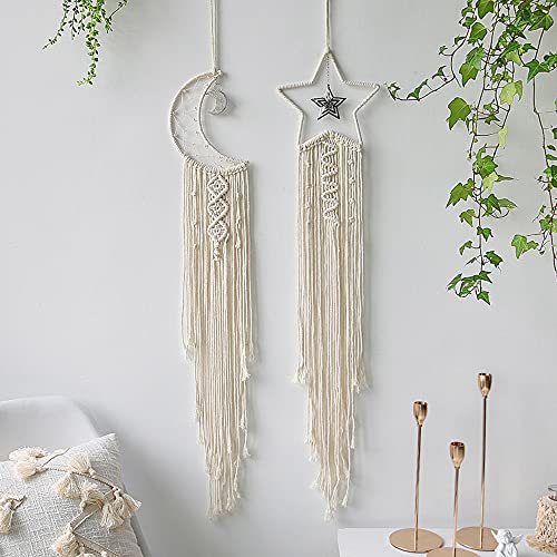 Star Moon Dream Catchers - Bohemian Macrame Dreamcatcher for Bedroom, Handmade Woven Wall Hanging for Home Decor Art Ornament Craft Gift (Hung Moon Star)