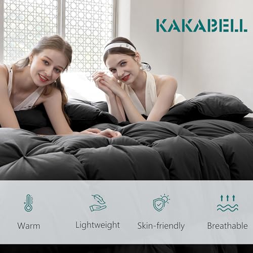 Image of KAKABELL Pinch Pleat Goose Down Feathers Fiber Comforter Cal King Size All Season-Ultra Soft and Cozy Noiseless Duvet Insert with Egyptian Cotton Blend Cover,Fluffy Warm Comforter (Black,98 inchX108 inch)