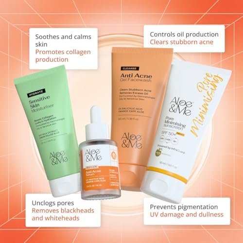 Image of Aloe&ME 4 Step Anti Acne Kit | Facewash, De-Tan Matte Sunscreen Gel, Moisturizer, Serum | for All Skin Types | Men and Women
