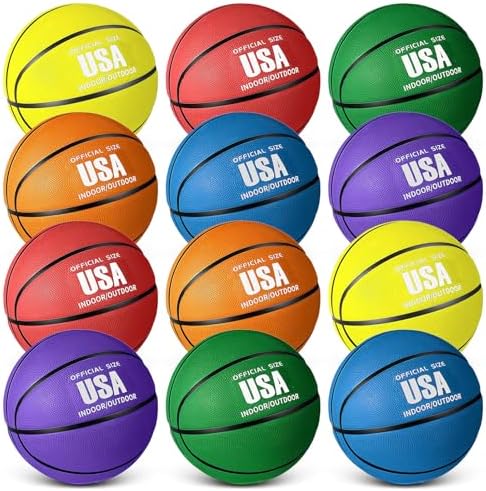 12 Pcs Rubber Basketballs Official Size Bulk Streetballs Multicolor Basket Balls with Pump Plain Basketball Set for Adult Youth Boys Girls Gifts Indoor Outdoor Training Practice Games