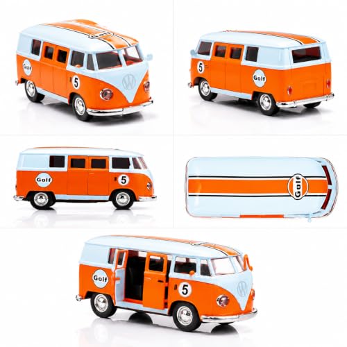 Image of 1:36 Scale Volkswagen T1 Samba Bus Die Cast Model - Gulf Racing Edition, Pull Back Action, Dual Openable Side Doors, Zinc Alloy Metal Body, Vintage Collectible Toy Van for Kids & Adults