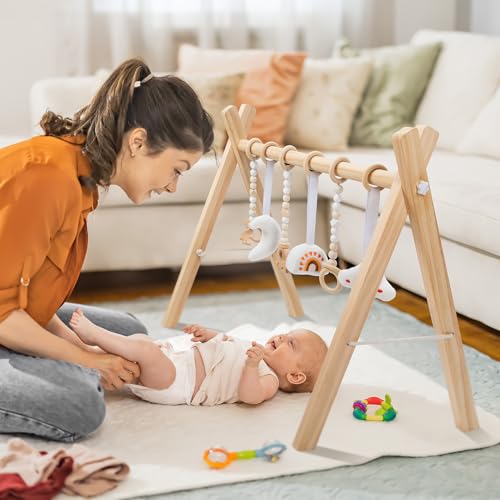 lulunemo Wooden Baby Play Gym Foldable Baby Paly Frame Activity Gym with 6 Hanging Sensory Toys for Babies 0-6 Months, Infant Play Gym Easy to Assemble & Clean, Newborn Present for Boys & Girls