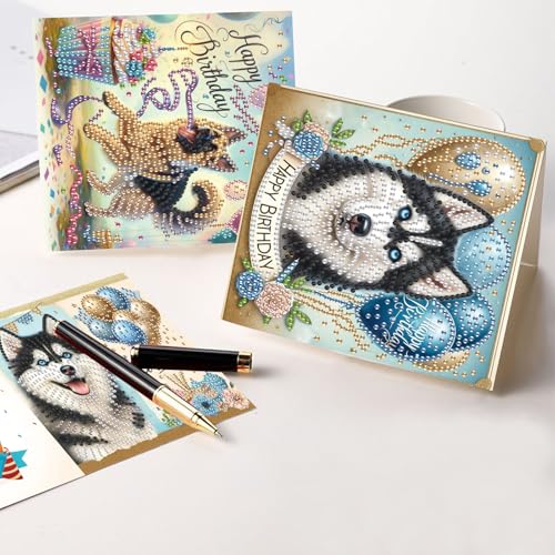 Image of 6 Packs Diamond Painting Greeting Card Kits Diamond Art Dog Laser Effect Greeting Cards Animal Special Shaped Diamond Art Greeting Card Arts Crafts for Christmas Birthday Thanksgiving Day(30x15cm)
