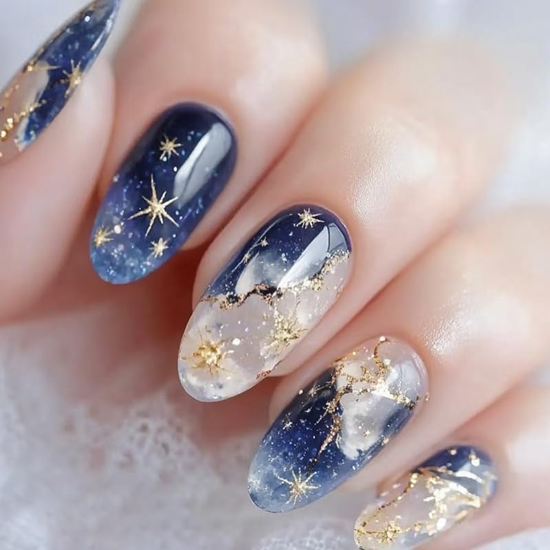 24Pcs Milky Way Press on nails Medium Almond Fake Nails Glossy Go...