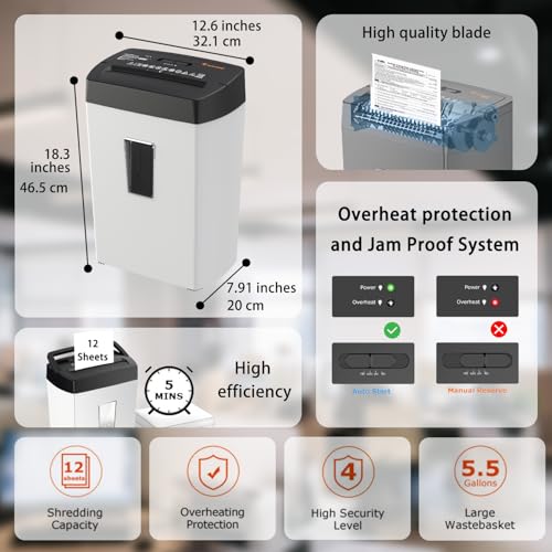 Image of Bonsaii Heavy-Duty Shredder, Up to 12 Sheets, P-4 high Security, Credit Cards, Mail, & Staples, 5.5-Gallon bin with a Transparent Window, Suitable for Heavy-Duty use in Home Offices, White & Black