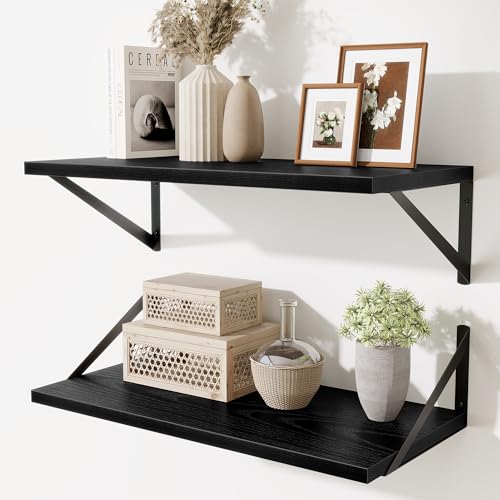 Acovy 25cm Deep Floating Shelves,60cm Floating Shelf for Wall Set of 2,Hanging Storage Shelf with Metal Brackets,Wide Display Wall Shelves for Living Room,Bedroom,Bathroom,Kitchen,Black