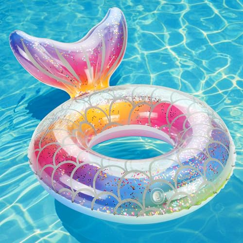MoKo Inflatable Swimming Ring, Children Cute Pool Float Tube Decorations Swim Tubes Outdoor Pool Beach Water Floats Party Supplies Kids Floaties, Rainbow Silver Scales