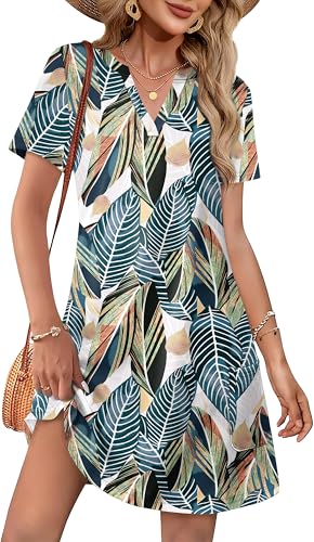 Image of WIHOLL Summer Dresses for Women Casual V Neck Wedding Guest Dress Hawaiian Midi Dress Fashion Beach Vacation Clothes
