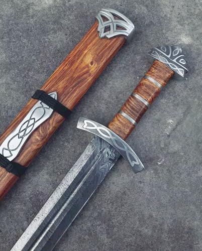 Viking Sword, 101.6 cm, 1095 Damascus Steel Full-Tang, Wood Scabbard, Blood-Grooves, Battlefield...