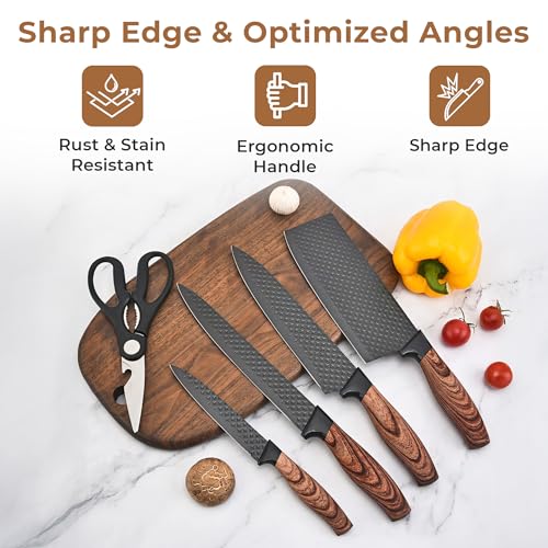 Image of HomeEssentials 5pc Diamond Kitchen Knife Set - Ultra-Sharp Non-Stick Textured Blades - Stainless Steel Chef, Cleaver & Paring Knives - Ergonomic Wood-Grain Handles, Shears & Universal Block Holder