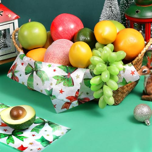 150 Sheets Red Green Bow Wax Paper for Food Deli, 9.8\'\' x 8.3\'\' Cute Christmas Berry Bow Star Greaseproof Deli Paper for Sandwich Picnic Basket Liner Christmas Party Supplies
