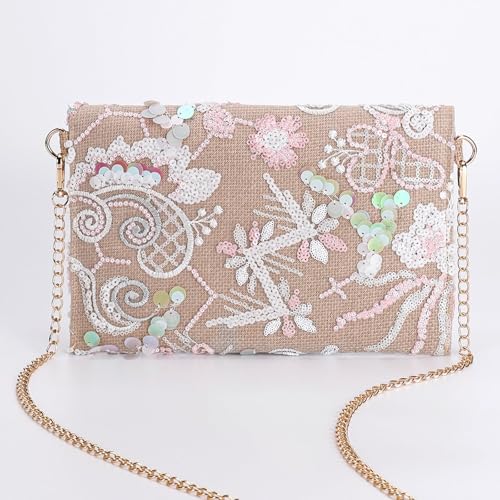 Image of Clutch Purses for Women, Envelope Package, Sequin Embroidered Flowers Straw Bag, Bohemian Handmade Handbags, Crossbody Bag for Vacation, Travel, Banquet(Styles 22)