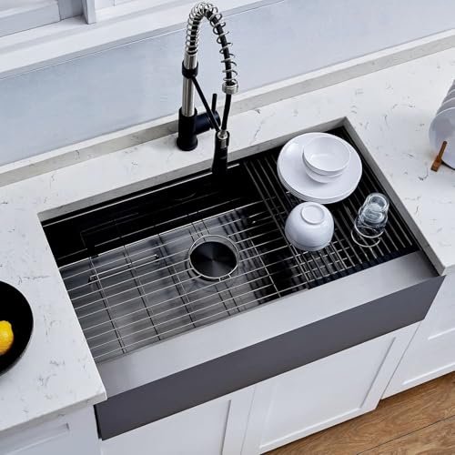 Image of SHACO 33 Inch Black Farmhouse Sink, 33x20 Gunmetal Black 16 Gauge Stainless Steel Single Bowl Workstation Flat Apron Front Farm Kitchen Sink with Cutting Board