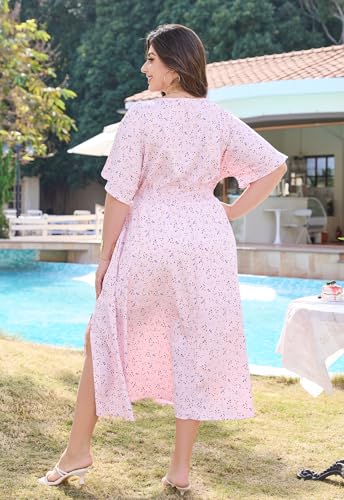 Image of Keluummi Plus Size Summer Wedding Guest Maxi Dresses for Curvy Women, Casual Floral 3 /4 Sleeve Emipre Waist V Neck Long Dress