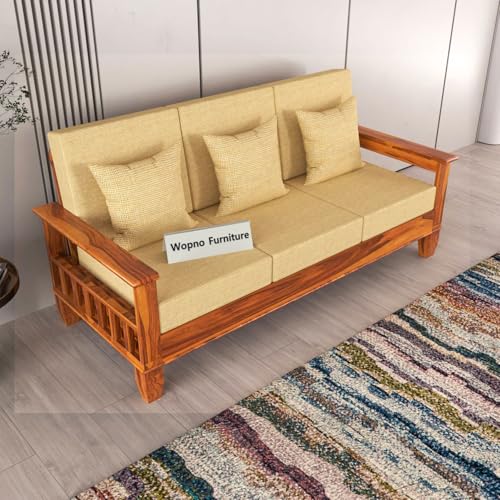 Image of Sheesham Wooden 3 Seater Sofa for Living Room | Rosewood Cushion Sofa with Side Newspaper Holder for Home & Office | Solid Wood Sofa Set for Lounge (Honey, 3 Seater)