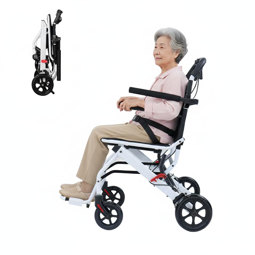 Silla de ruedas plegable ultraligera con freno de mano, marco de acero al carbono ligero de 8,2 kg, ruedas giratorias de 280°, correa de seguridad ajustable, silla de ruedas portátil para interiores y