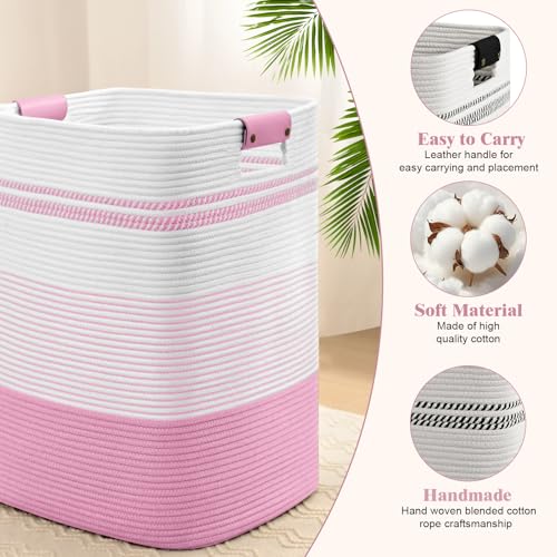 Image of Laundry Hamper, 85L Tall Laundry Basket with Leather Handles, Rectangle Large Clothes Hamper for Organizing, Cotton Woven Laundry Baskets Storage Hampers for Bedroom, Nursery, Living Room