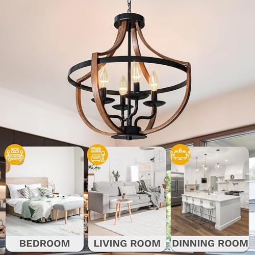 DWVO Black Wood Chandeliers for Dining Room, Adjustable Farmhouse Rustic Light Fixture, Industrial 4-Light Pendant Ceiling Lights for Island, Bedroom, Kitchen