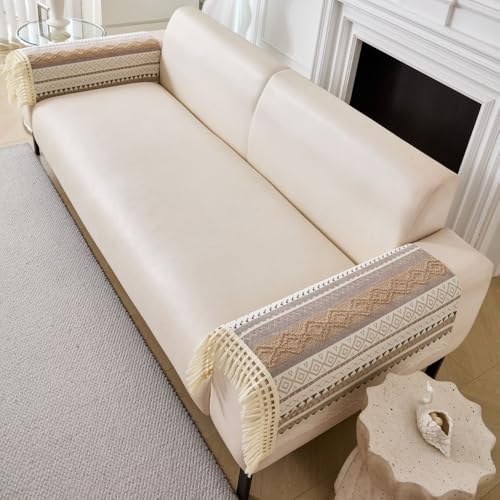 Image of HOMETHREADS Innovative European Premium Style Anti Slip Cotton Sofa Cover Mat with PVC Backing for Non-Slip Comfort (Khaki, 2Pc Armrest Mat | 70x50cm)