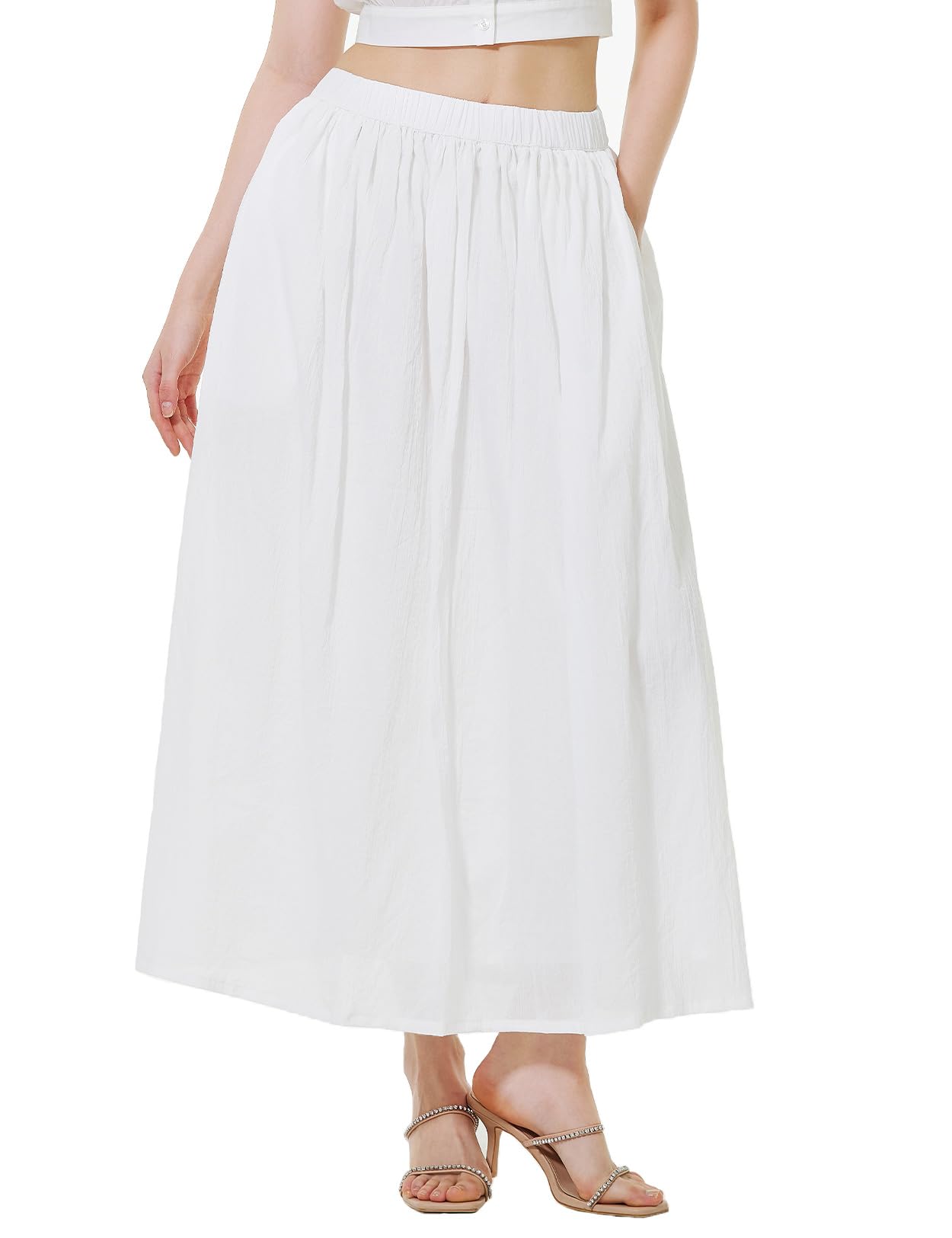 BEAUTELICATE Women's White Cotton Maxi Skirt Elastic Waistband Ankle Length Skirts with Pockets A Line Skirt