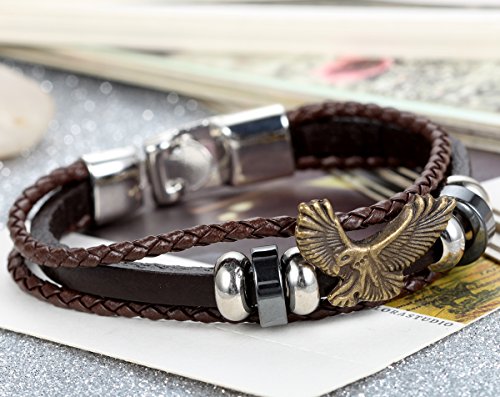 Flongo Men's Vintage Bronze Eagle Brown Braided Leather Multi-Strand Wristband Wrap Bracelet Tribal, 8.5 Inch #TOP2