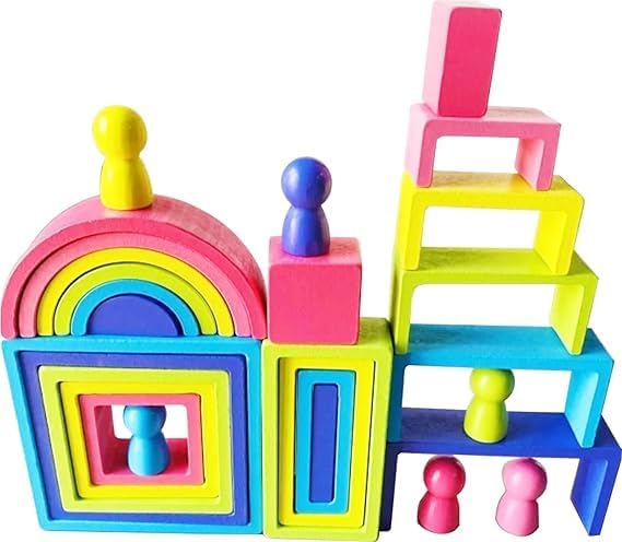 Image of Happy Hues Wooden Rainbow Stacking Blocks Toy Set, Montessori Geometric Nesting Building Blocks for Toddlers and Kids Ages 3+