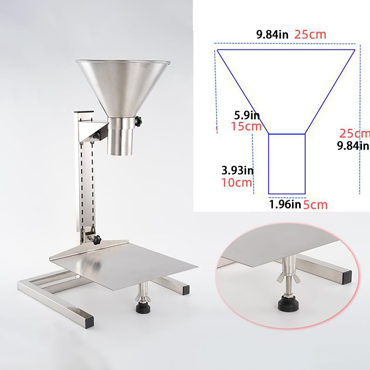 Embudo grande de acero inoxidable para envasado de alimentos con soporte, máquina de llenado manual para sellado de bolsas al vacío, boca ancha, plataforma ajustable en altura, múltiples