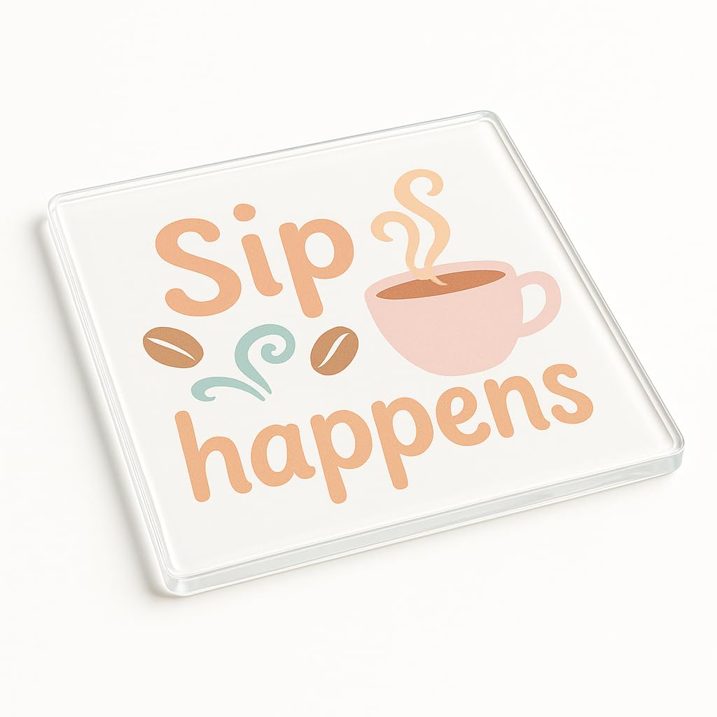 The Plum Penguin Sip Cheer Funny Acrylic Coaster Gift - Whimsical Coffee-Themed Illustration Desk Accessory - Unique Pastel Design For Home Decor