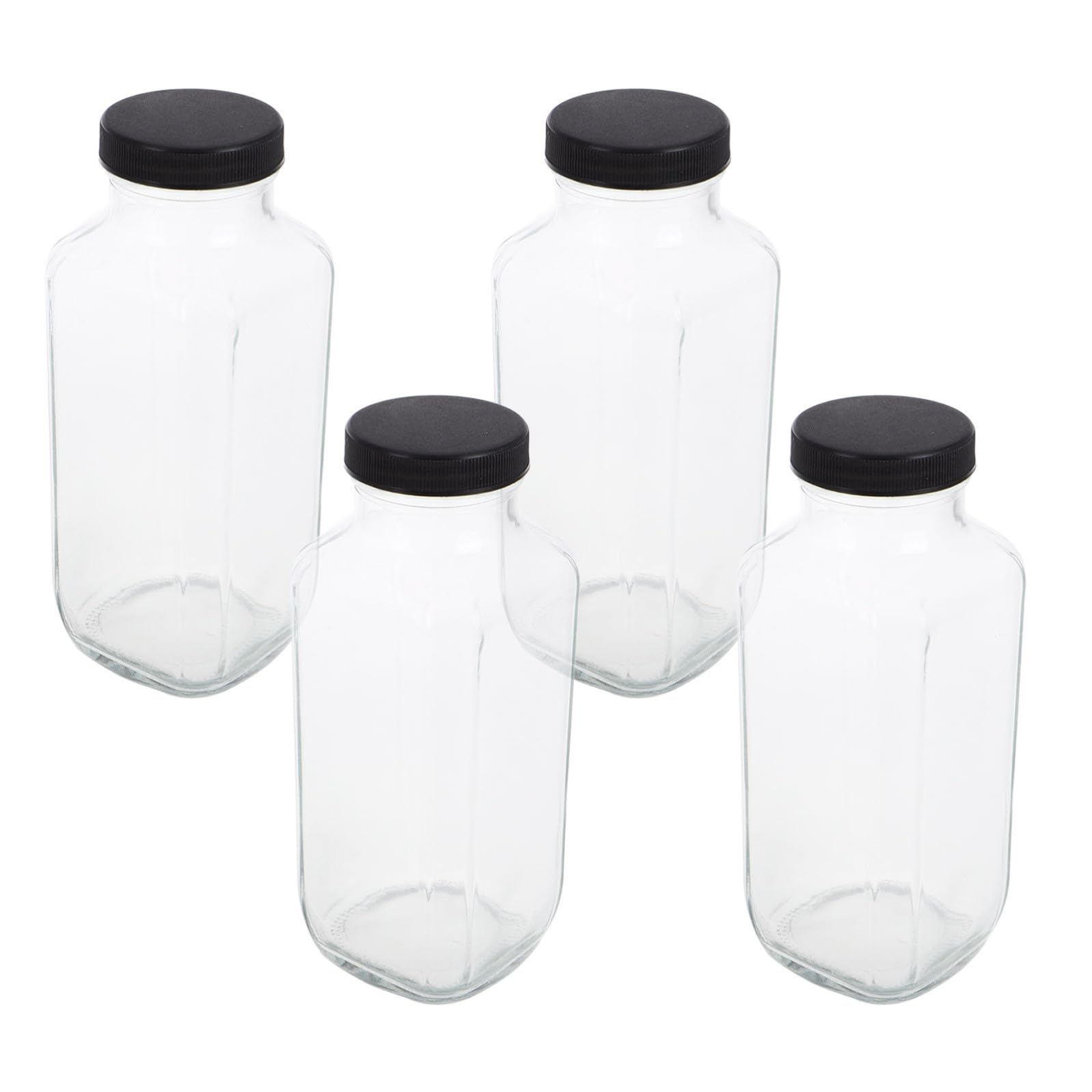 Set 4 Bottiglie Riutilizzabili in Vetro da 500 Ml con Coperchi, Design Quadrato Portatile e Forma Stabile per Latte, Succhi e Bevande, per Ufficio e Idratazione in Riutilizzabile