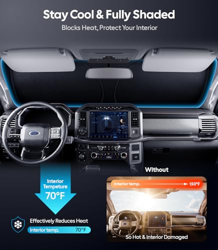Image of Wigoo for Ford F150 /250 /350 /450 Windshield Sunshade [OEM Design, 100% Sun Blockage] Foldable Heat Insulation Sun Shade with Storage Bag, for Ford F150 /250 /350 /450 (2015-2026), Silver Coating