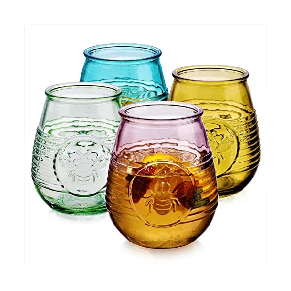 Glaver's Set Of 4 20 Oz. Colored Tumblers, Multicolor Embossed Bumble Bee Wine Glasses, Vintage Drinking Glasses, Tumblers For All You Favorite Cocktails And Beverages, Handwash Only