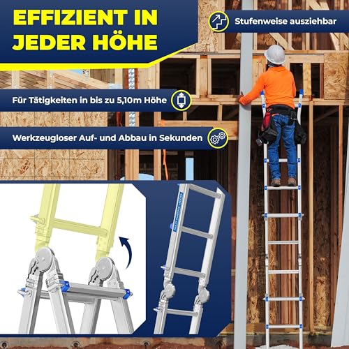 Miniatura 5 de Masko Escalera De Aluminio Multifunción 5,10m 4x5 Peldaños Escalera Telescópica Escalera Multifunción Escalera Plegable Escalera De Caballete Escalera Extensible Escalera De Tijera De Doble Cara