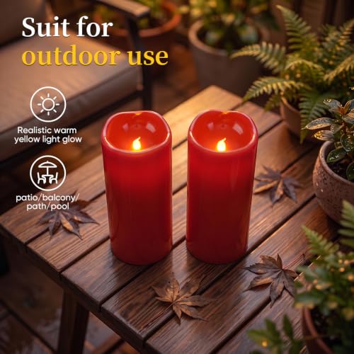 Image of 5plots 4 inchx10 inch Large Waterproof Flameless Candles Red LED Pillar Set of 2 | Battery operated LED candles with remote timer, realistic flicker, ideal design for patio, porch, lanterns & Christmas decor