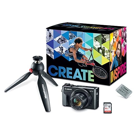 Canon PowerShot G7X Mark II Video Creator Kit - w/ Manfrotto PIXI MINI Tripod, SanDisk 32GB SD Card, and extra Canon Battery Pack